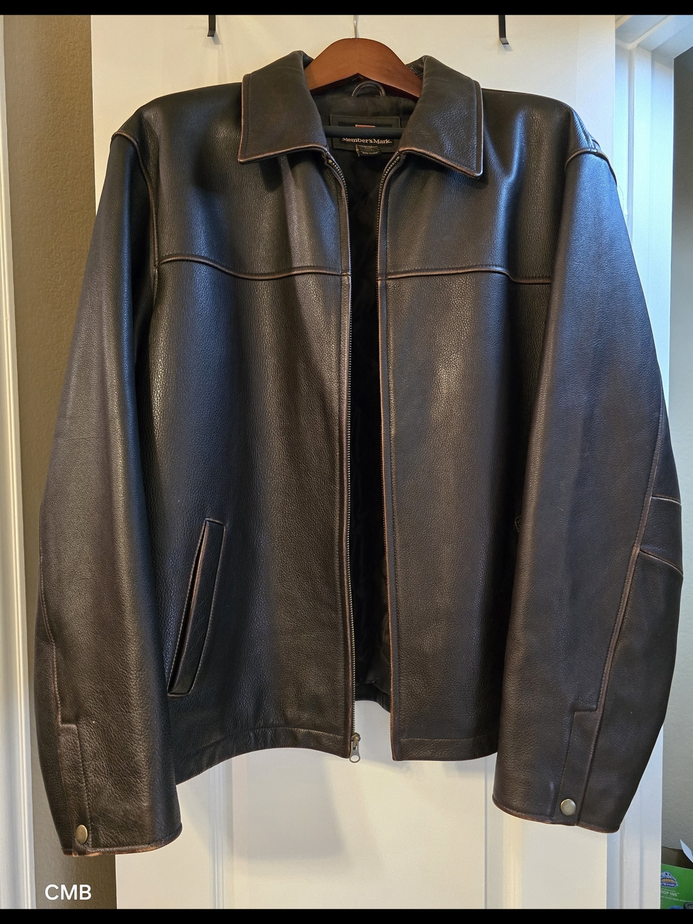 Member's Mark Vintage Brown 100% Genuine Leather Quilted Bomber Jacket Men's XL